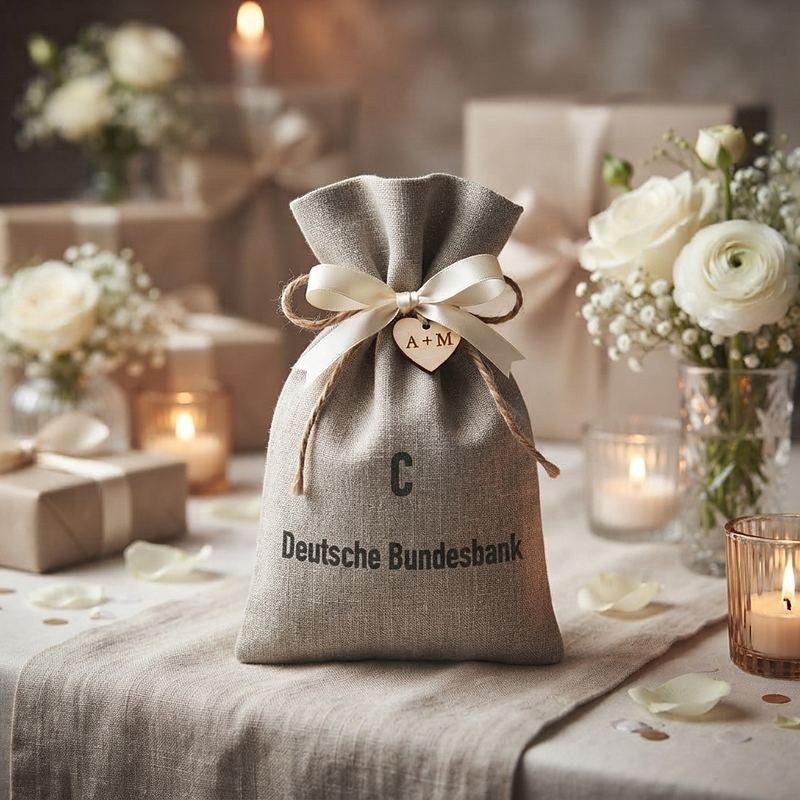 Kleiner Geldsack mit Schleife und Namensanhänger als Geldgeschenk auf einem festlich gedeckten Hochzeitstisch mit Kerzen und Rosen.
