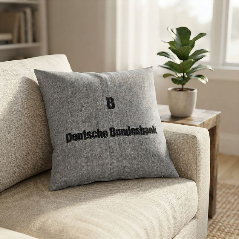Kissenbezug aus Geldsack-Leinen mit Aufdruck 'Deutsche Bundesbank', liegt auf einem hellen Sofa.