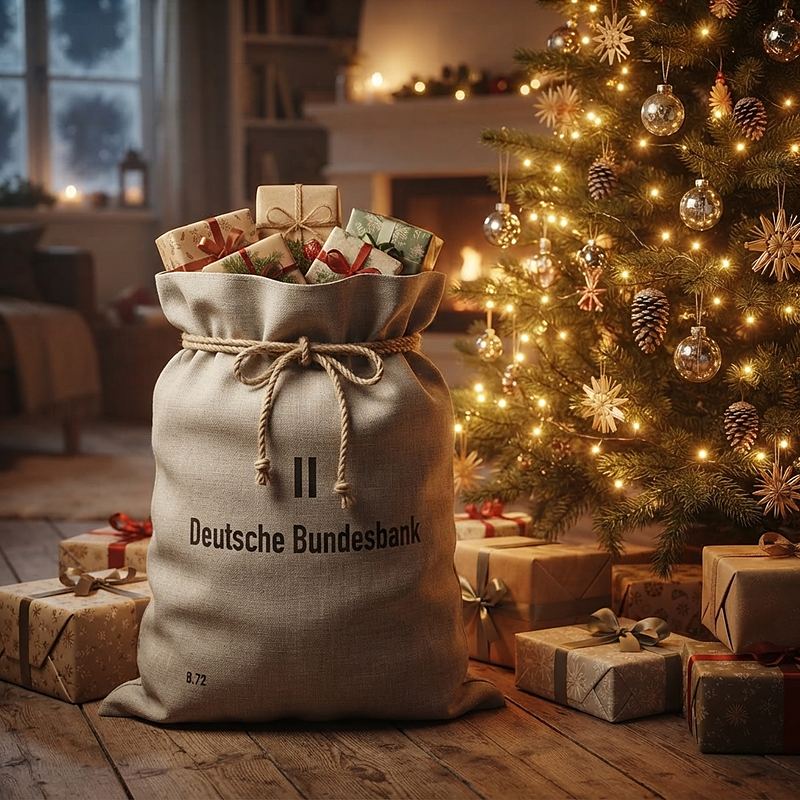 Großer Geldsack, mit Geschenken gefüllt, als Nikolaussack neben einem geschmückten Weihnachtsbaum.