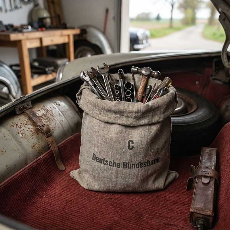 Werkzeug in einem Geldsack mit Bundesbank-Aufdruck im Kofferraum eines Oldtimers.